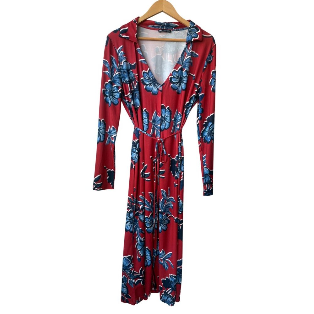 Zara Long Sleeve Shirt Dress Size L Boho Button Down Belted Red Blue Floral Midi - Picture 2 of 12